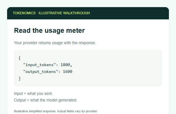 Illustrative API usage screenshot showing 1,800 input tokens and 1,600 output tokens